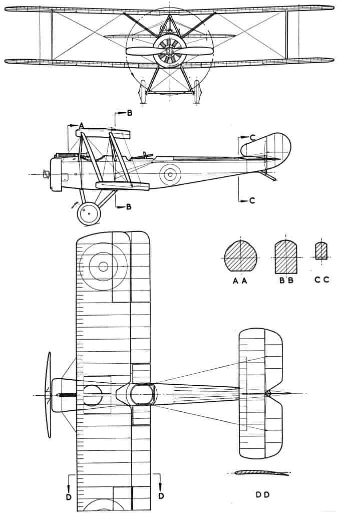 Общий вид и сечения агрегатов самолета Сопвич «Полуторастоечный»